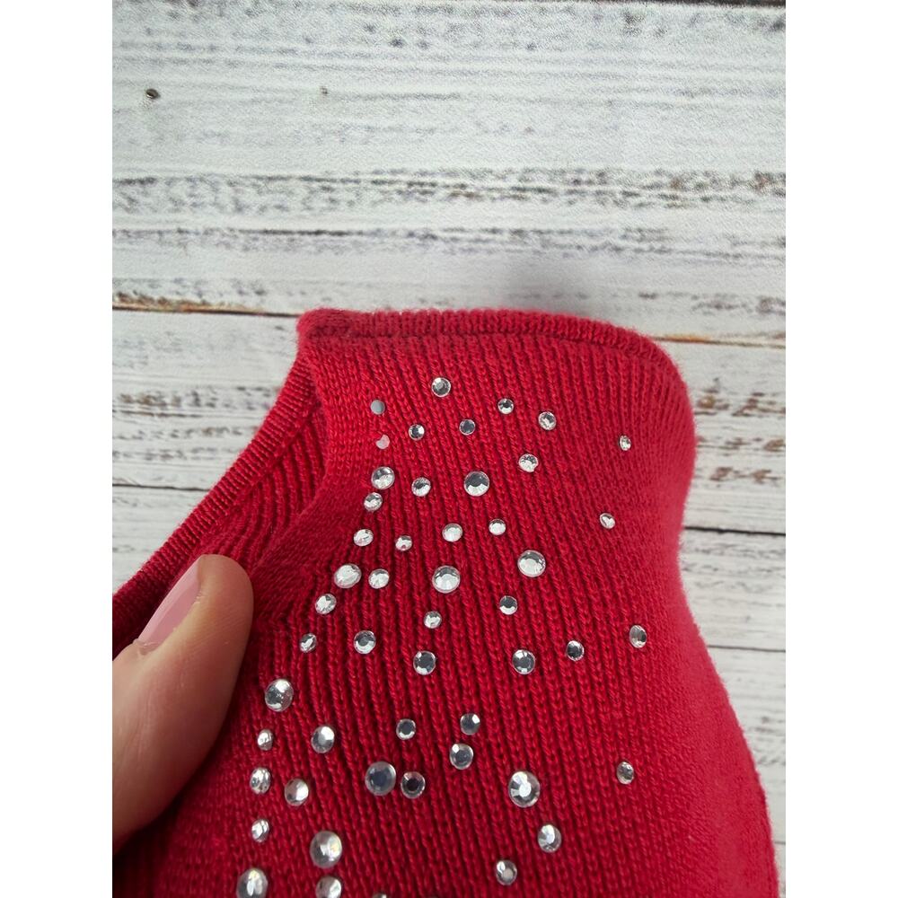 Quacker Factory Red Embellished Top Large Ribbed Knit Stretch Vneck Holiday - Picture 8 of 8